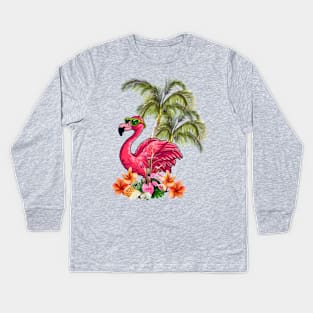 Funny flamingo with sunglasses and flowers Kids Long Sleeve T-Shirt